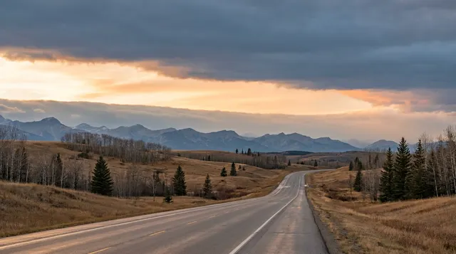 Foothills and an empty highway toward the Rockies